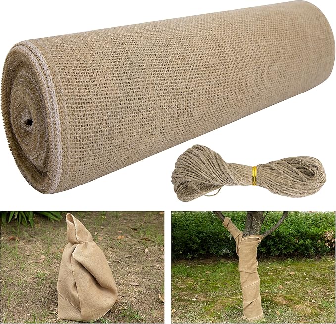 15.7in x 19.7ft Natural Burlap Tree Wrap Rolls- Burlap Fabric Tree Trunk Protector- Burlap Plants Wrap Bandage with Ropes- Frost & Freeze Protection Cloth for Outdoor Trees, Shrubs, Plants in Winter