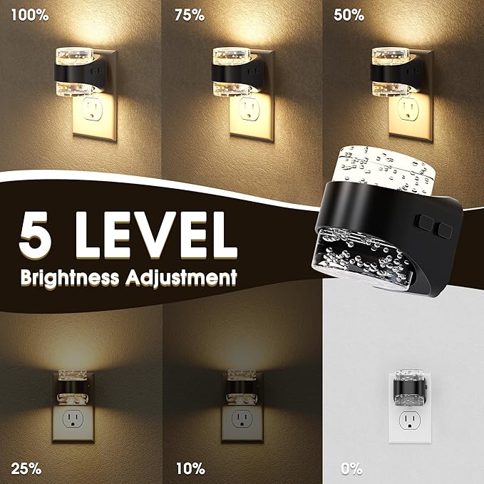 Briignite LED Night Light Plug into Wall[2 Pack], Dimmable Night Light with Bubble Design 3000K Warm & 5 Brightness Levels, Dusk to Dawn Sensor Nightlights for Nursery, Hallway, Bathroom, Kids Room