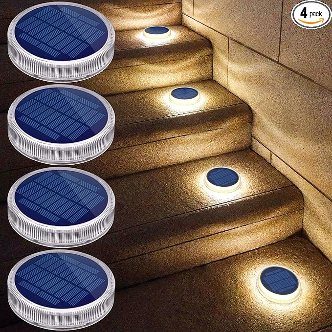 YiLaie Solar Step Lights for Outside Dock Deck Stair Stick on Lights Solar Powered Outdoor Waterproof RV Decor Strips Garden Front Step Front Porch Patio Auto ON/Off (Warm White 4 Pack)