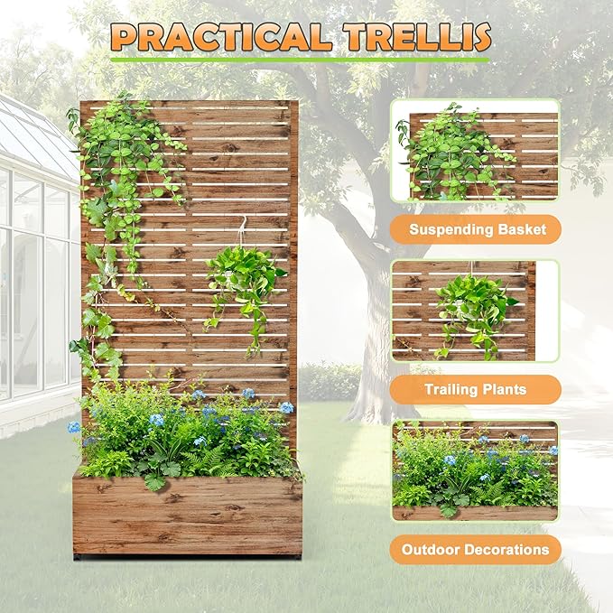 Metal Raised Garden Bed with Trellis, 2-in-1 Planter Box & Privacy Screen for Climbing Plants, Outdoor Standing Flower Bed with Drainage Holes, 35.4" L x 15.7" W x 70.1" H, Natural Wood Grain