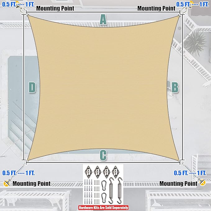 Amgo Custom Size 12' x 13' Beige Rectangle Square Sun Shade Sail UPF50+ AGTAPR1620, Order to Make Canopy Awning, 95% UV Blockage, Water & Air Permeable, Commercial and Residential (We Customize)