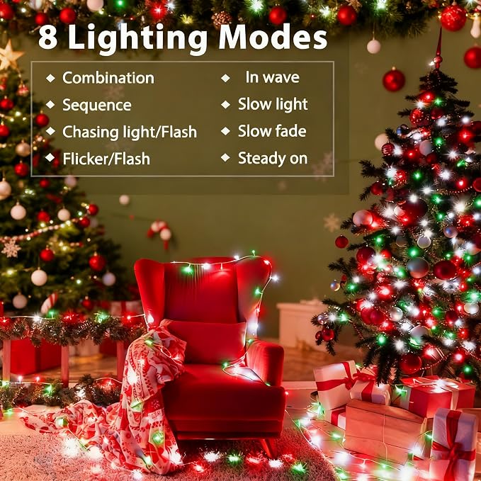 Red White Green Christmas String Lights Battery Operated, 2 Pack 100 LED String Lights 33Ft with Timer 8 Modes Outdoor Indoor Novelty Lights for Home Xmas Tree Garland Holiday Decor