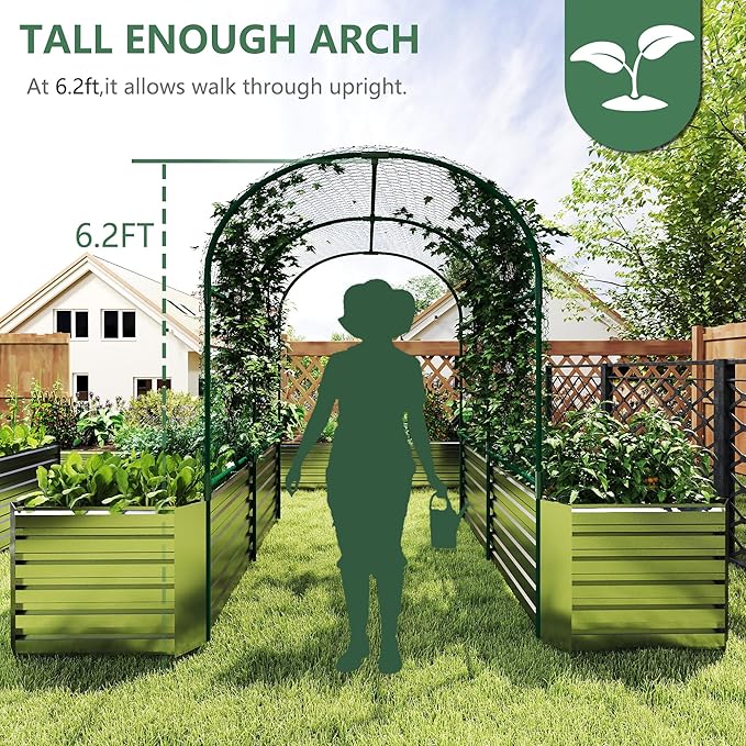Raised Garden Bed with Arch Trellis for Climbing Plants,Galvanized Raised Garden Bed, Planter Boxes Outdoor for Vegetables Flowers Herb,269 Gallon Capacity Silver