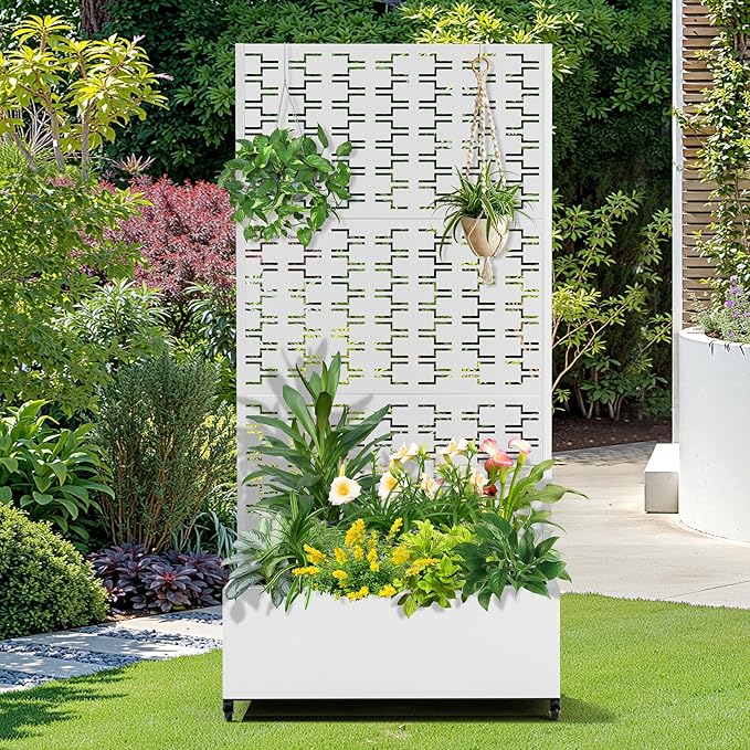 FENCY Metal Raised Garden Bed with Wheels and Trellis,73"x35"x16" Planter Box for Climbing Plants, Vegetables & Vines, Features Privacy Screen and Drainage Holes (White-Brick)