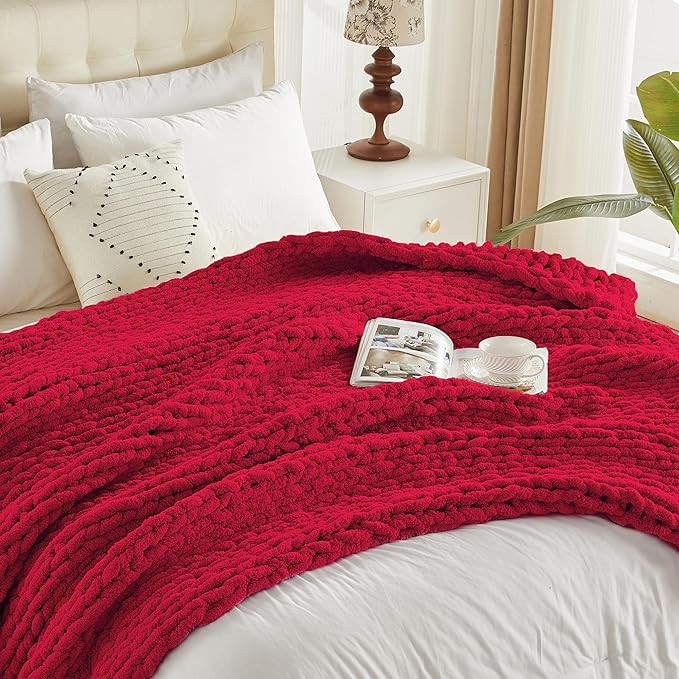 Carriediosa Chunky Knit Throw Blanket 50" X 60", 100% Hand Made Large Chenille Loop Yarn Soft Fluffy Throws for Couch Sofa Bed, Big Crochet Cozy Heavy Thick Cable Woven Blankets, Red