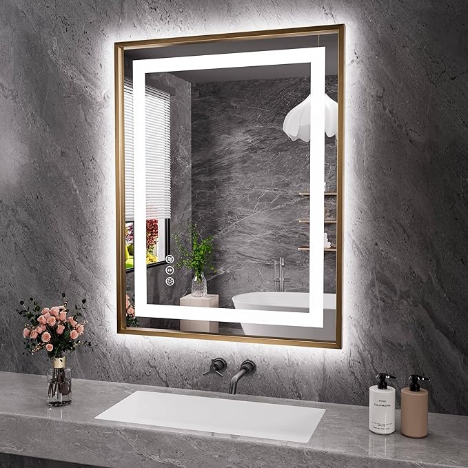 Amorho 28"X36" LED Bathroom Mirror, Golden Metal Framed Mirror with Front Light and Backlit, Stepless Dimmable, Anti-Fog, Shatter-Proof, Memory, 3 Colors