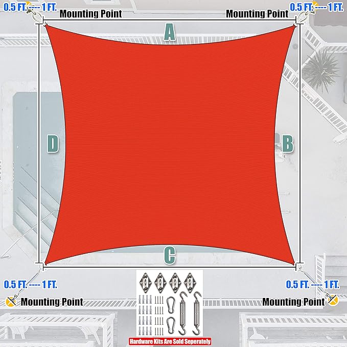 Amgo Custom Size 6' x 7' Red Rectangle Square Sun Shade Sail UPF50+ AGTAPR1620, Order to Make Canopy Awning, 95% UV Blockage, Water & Air Permeable, Commercial and Residential (We Customize)