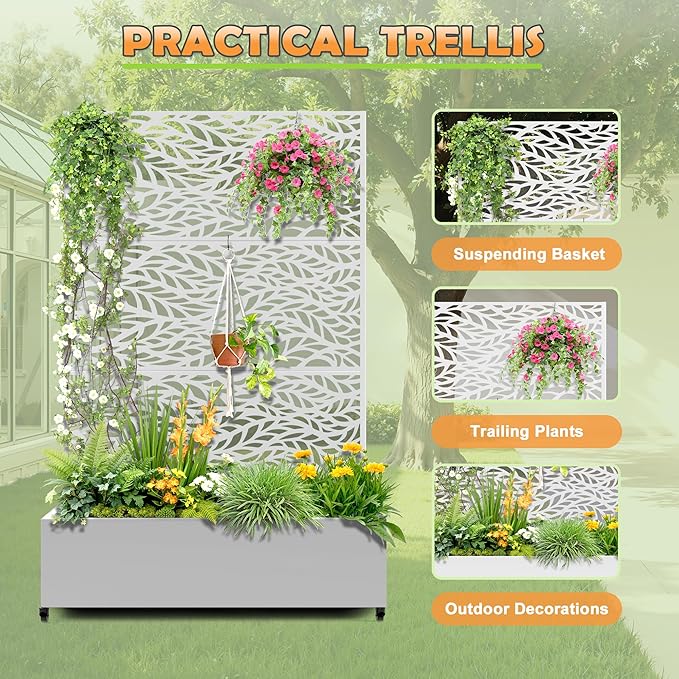 Metal Raised Garden Bed with Trellis, 2-in-1 Planter Box & Privacy Screen for Climbing Plants, Outdoor Standing Flower Bed with Drainage Holes, 47.2" L x 16.7" W x 70.8" H, White-Spring