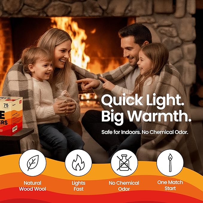 Moscow-Mix Fire Starter (75 PCS) Natural Fire Starters for Campfires, Fireplace, Charcoal Starter for Grill, BBQ, Wood Stove, Fire Pits - Odorless, Non-Toxic, Waterproof Natural Pine Wood Starters