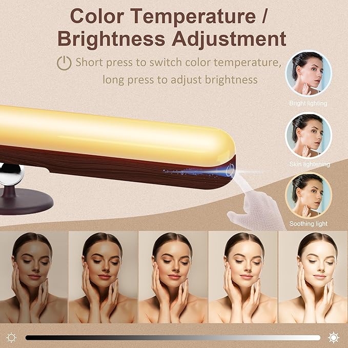 Benreom 2 Pack Vanity Lights for Mirror with 4000mAh Rechargeable Battery, Touch Control Dimmable Makeup Light with 3 Color Modes, Magnetic 360° Adjustable LED Bathroom Mirror Light, Dark Wood