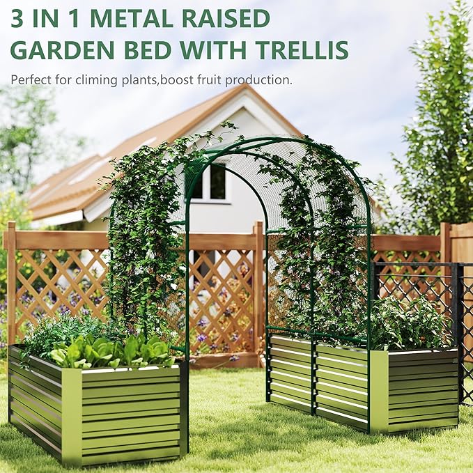 Raised Garden Bed with Arch Trellis for Climbing Plants,Galvanized Raised Garden Bed, Planter Boxes Outdoor for Vegetables Flowers Herb,269 Gallon Capacity Silver