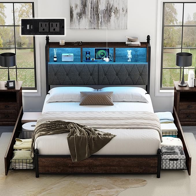 AMERLIFE Full Size Bed Frame with Bookcase Headboard, 4 Storage Drawers, Wooden Platform Bed with Charging Station & LED Light, No Box Spring Needed, Noise-Free, Rustic Brown