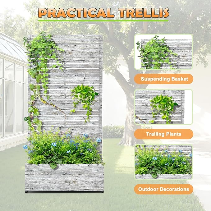 Metal Raised Garden Bed with Trellis, 2-in-1 Planter Box & Privacy Screen for Climbing Plants, Outdoor Standing Flower Bed with Drainage Holes, 35.4" L x 15.7" W x 70.1" H, White Oak Grain
