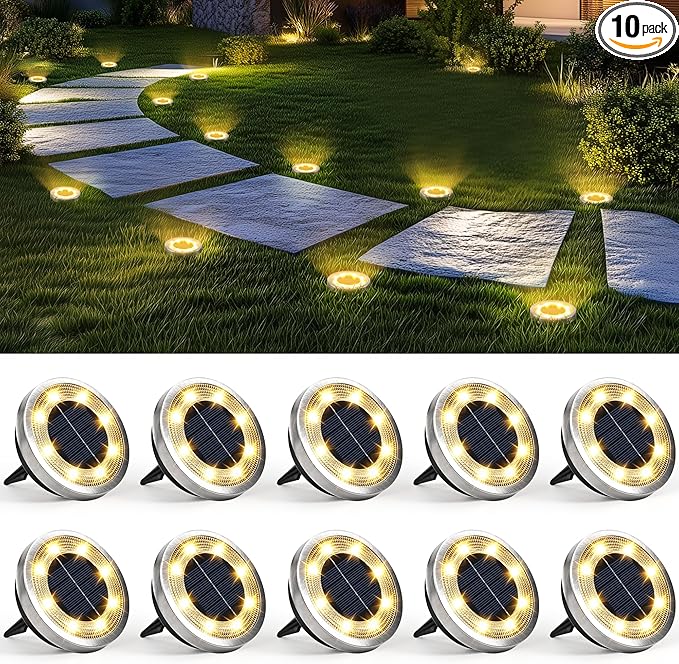 SOLPEX 10 Pack Solar Ground Lights Outdoor Waterproof, Solar Powered Pathway Lights, Landscape Lighting for Garden Walkway Driveway Backyard Decor (Warm White)