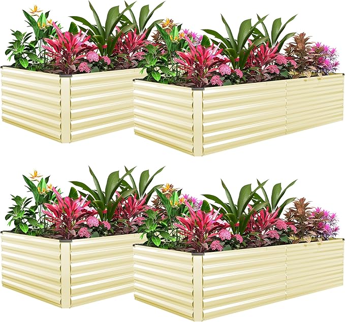 FOOWIN 4pcs 6x3x2ft Galvanized Raised Garden Bed, Planter Raised Garden Boxes Outdoor, Large Metal Raised Beds for Gardening, Garden Bed for Vegetables, Flowers, Herb,269 Gallon Capacity, Cream Yellow