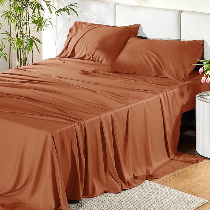 Bedsure California King Sheet Sets, Cooling Sheets, Rayon Derived from Bamboo, Breathable & Soft, Deep Pocket Up to 16 Inches, Hotel Luxury Silky Bedding for Hot Sleepers, Burnt Orange