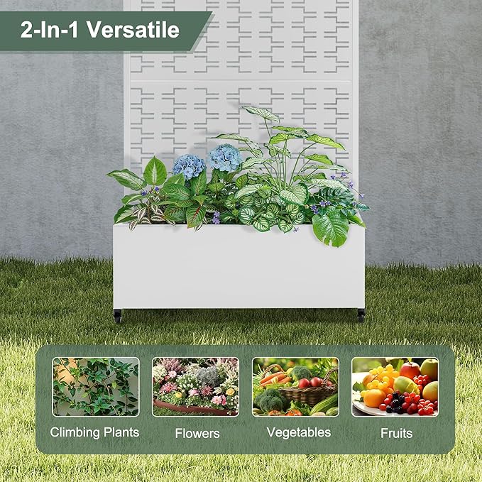 Planter Box with Trellis and Wheels, Metal Privacy Screen with Garden Beds Outdoor for Climbing Plants, Standing Planter Boxes with Drainage Holes (35" L×16" W×71" H, White Rectangle)
