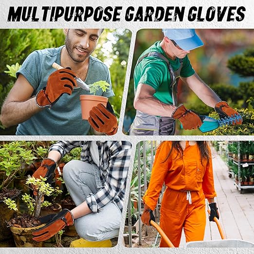 HLDD HANDLANDY 2 Pairs Leather Work Gloves for Men & Women – Cowhide Gardening Gloves, Thorn Proof, Cotton Lined, for Tig/Mig Welding, Construction, Chainsaw, Farm, Landscaping