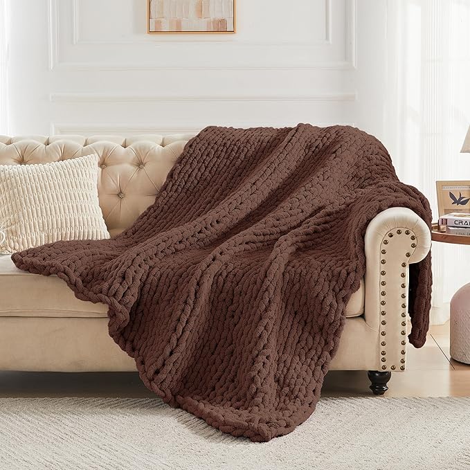 Carriediosa Chunky Knit Throw Blanket 50" X 60", 100% Hand Made Large Chenille Loop Yarn Soft Fluffy Throws for Couch Sofa Bed, Big Crochet Cozy Heavy Thick Cable Woven Blanket, Cocoa Brown