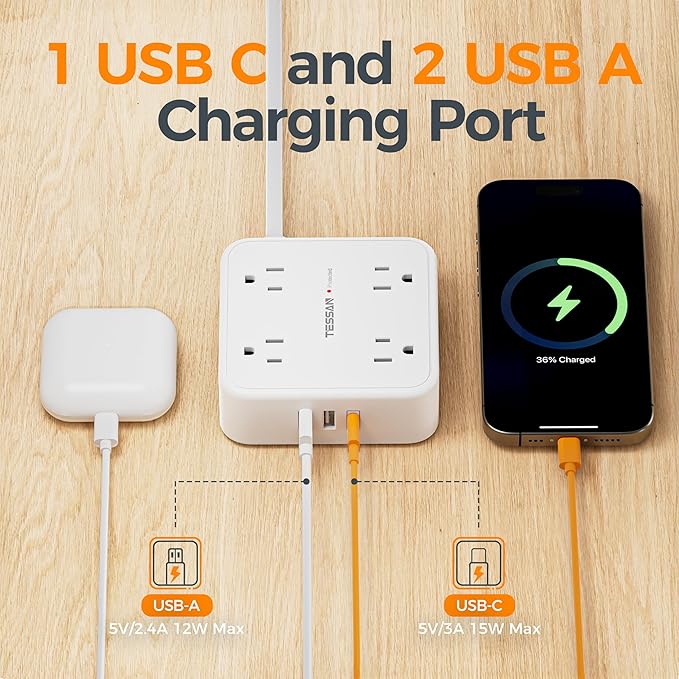 TESSAN Flat Plug Extension Cord, 5 Ft Surge Protector Power Strip with 3 USB (1 USB C) 8 Outlets, 900J Surge Protection, 3 Sided Outlet Extender with Power Switch for Dorm Room Essentials, White