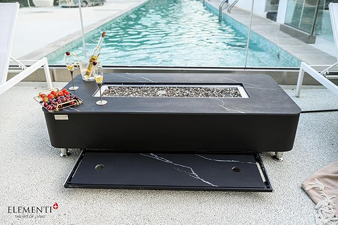 Elementi+ | Bundle Valencia Gas Fire Pit | Concrete Body & Marble Porcelain Top | 62" Rectangular Fire Table | Electronic Ignition | Canvas Cover, Fire Glass, Burner Lid & More | Black | Natural Gas
