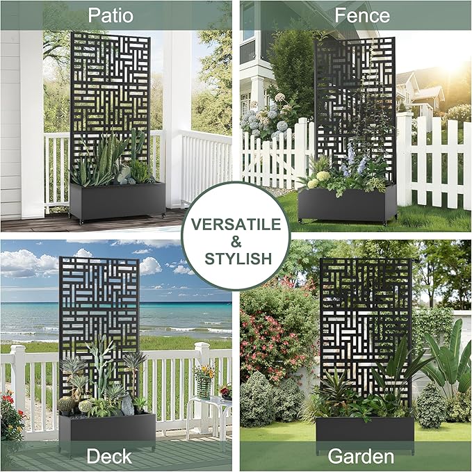 Metal Raised Garden Bed with Trellis Privacy Screen for Outdoor Plants, Planter Box with Wheels for Patio, 35"L×16"W×71"H Privacy Planters for Climbing Vegetables, Flowers, Fruits (Black Street)
