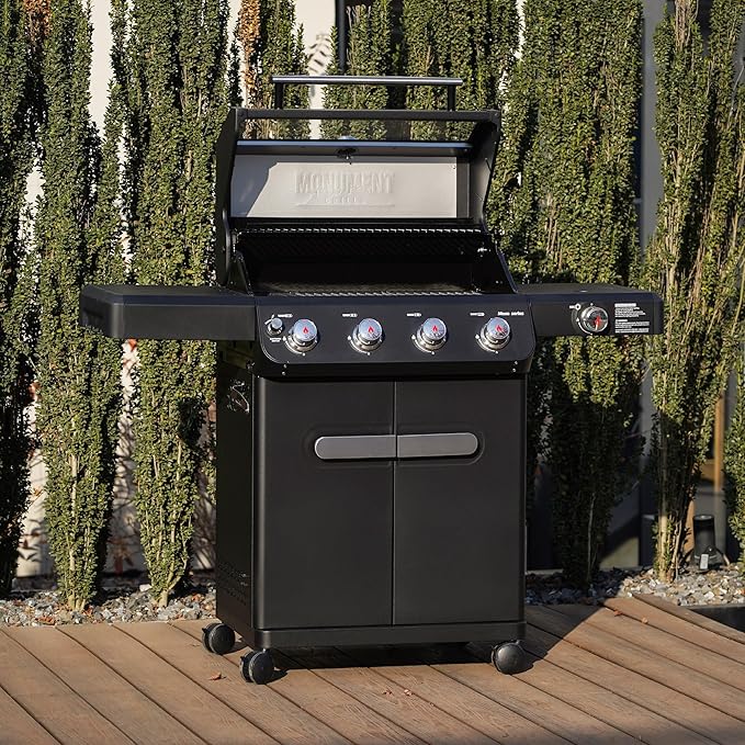 Monument Grills Outdoor Barbecue Stainless Steel 4 Burner Propane Gas Grill, 52,000 BTU Patio Garden Barbecue Grill with Side Burner and Knob Controls, Mesa425 with BBQ Cover