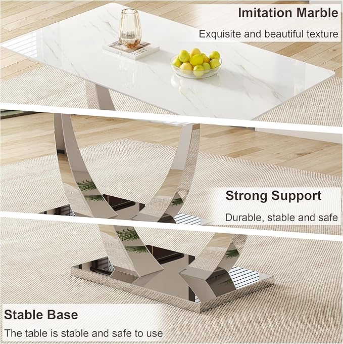 AZmac 63" Modern Dining Table Set for 6, White Dining Room Set for 6, Tempered Glass Kitchen Table and PU Leather Chairs, Marble Pattern Top with Sturdy Silver Chrome Base
