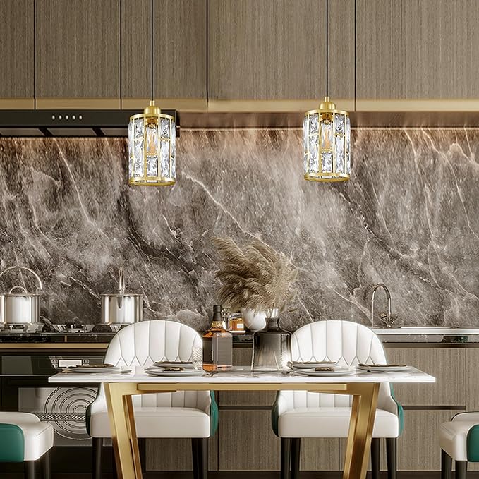 3 Pack 1 Light 5.4" Crystal Shade Hanging Kitchen Island Pendant Light Gold Finish,Modern Pendant Fixture with Crystal Metal Shade for Bar,Dining Room,Living Room Over Sink