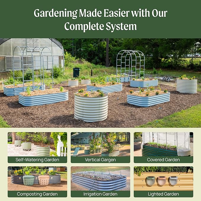 Vego garden 26" Extra Tall Raised Garden Bed Kits, 9 in 1 Modular Raised Planter Box for Vegetables Flowers Fruits Oval Metal Raised Garden Pearl White
