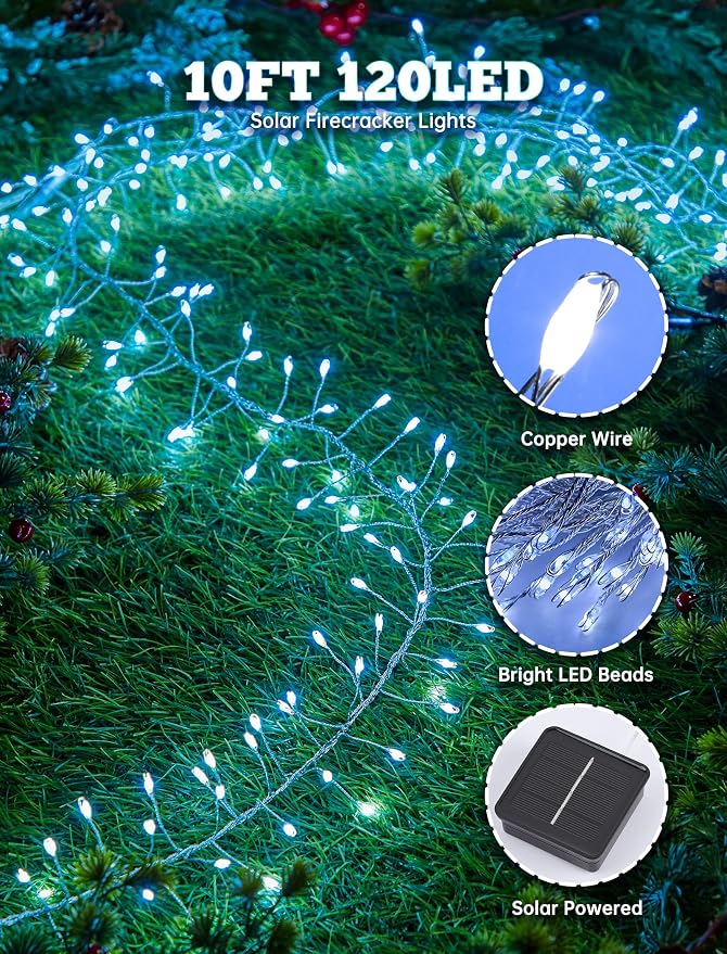 Brightown Solar Lights for Outside, 9.8Ft 120 LED Solar String Lights Outdoor Waterproof, 8 Modes Firecracker Balcony Light for Tree Patio Christmas Party Wedding Decor (Pure White)