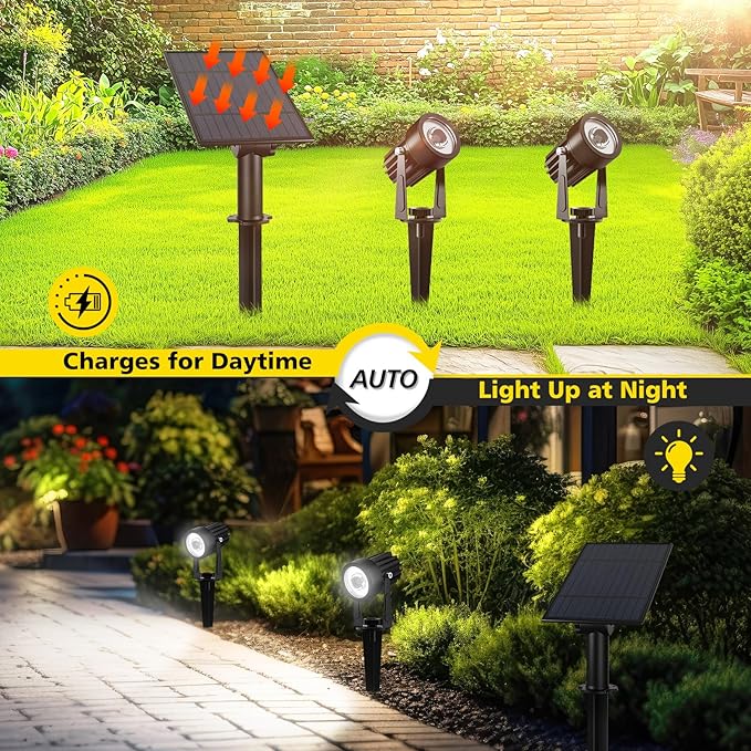 T-SUN 2W Solar Spotlights, LED Solar Powered Landscape Lights Outdoor Waterproof Solar Security Wall Lights Auto ON/Off Dual Head Light for Garden Yard Patio(Cold White)