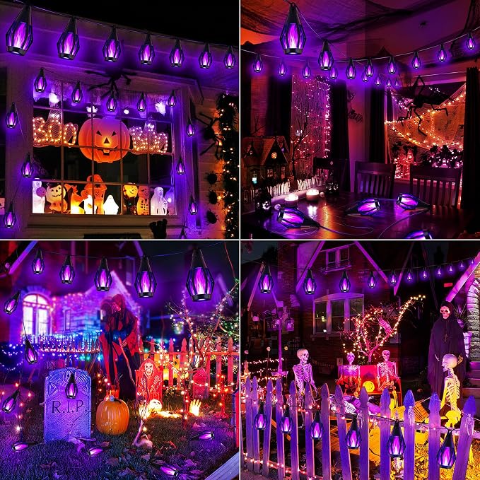 iBaycon Solar Halloween Lights, 27Ft 10 LED Bulbs Flickering Flame String Light, Outdoor Waterproof Solar Flame Lights for Garden Yard Patio Halloween Decorations (Purple)