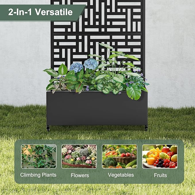 Metal Raised Garden Bed with Trellis Privacy Screen for Outdoor Plants, Planter Box with Wheels for Patio, 35"L×16"W×71"H Privacy Planters for Climbing Vegetables, Flowers, Fruits (Black Street)