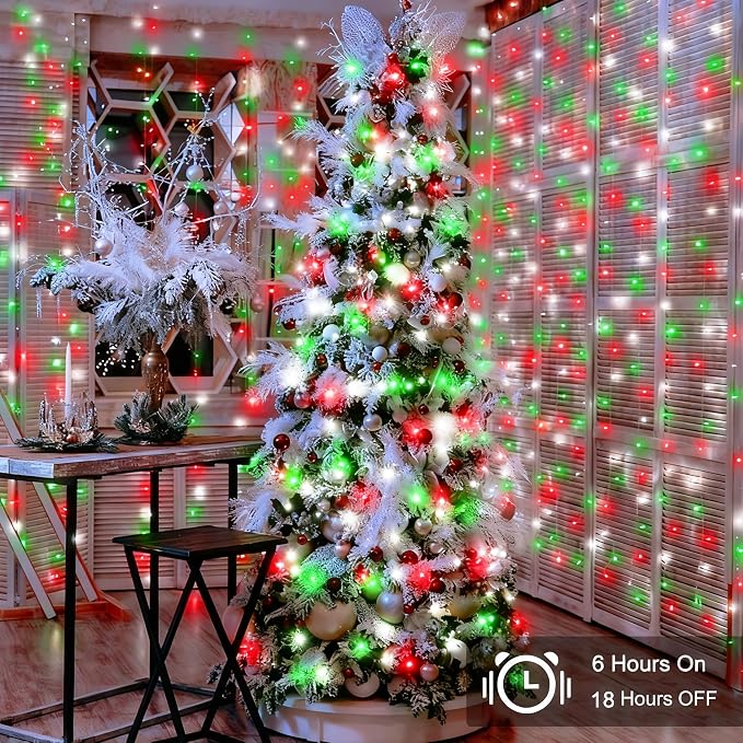 Red White Green Christmas String Lights Battery Operated, 2 Pack 100 LED String Lights 33Ft with Timer 8 Modes Outdoor Indoor Novelty Lights for Home Xmas Tree Garland Holiday Decor