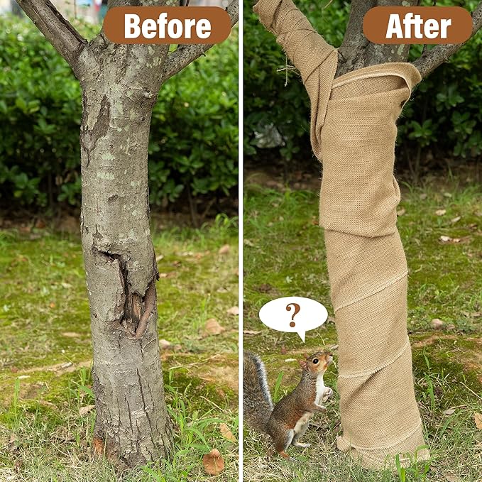 15.7in x 19.7ft Natural Burlap Tree Wrap Rolls- Burlap Fabric Tree Trunk Protector- Burlap Plants Wrap Bandage with Ropes- Frost & Freeze Protection Cloth for Outdoor Trees, Shrubs, Plants in Winter