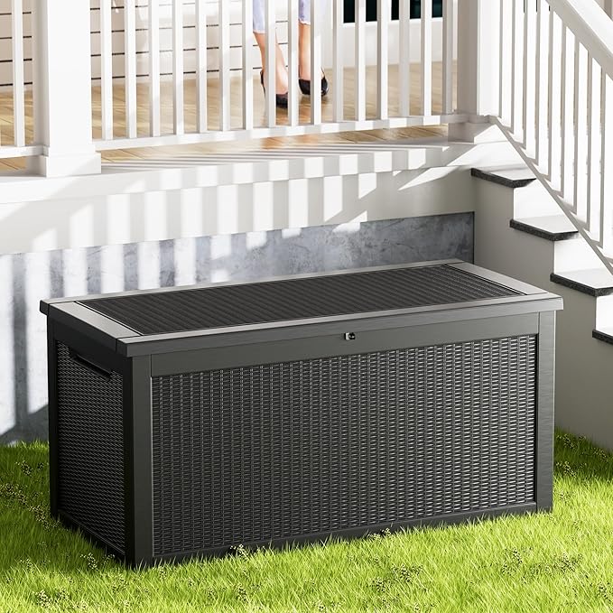 320 Gallon Outdoor Storage Box Waterproof Lockable Resin Deck Box Large, Patio Storage Bin for Pool Accessories Cushion Furniture, Garden Tools, UV-Resistant Outside Delivery Black