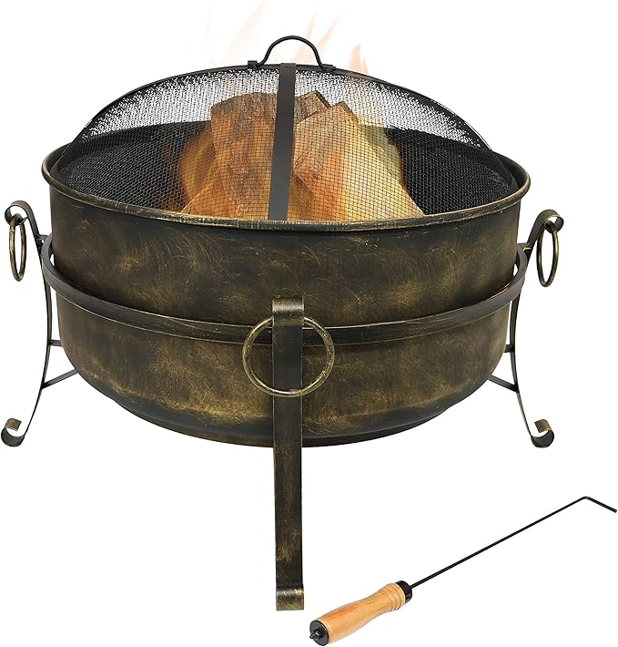 Sunnydaze 24-Inch Small Fire Pit for Outside - Wood-Burning Fire Pit Bowl for Outdoors with Spark Screen, Log Poker, and Grate
