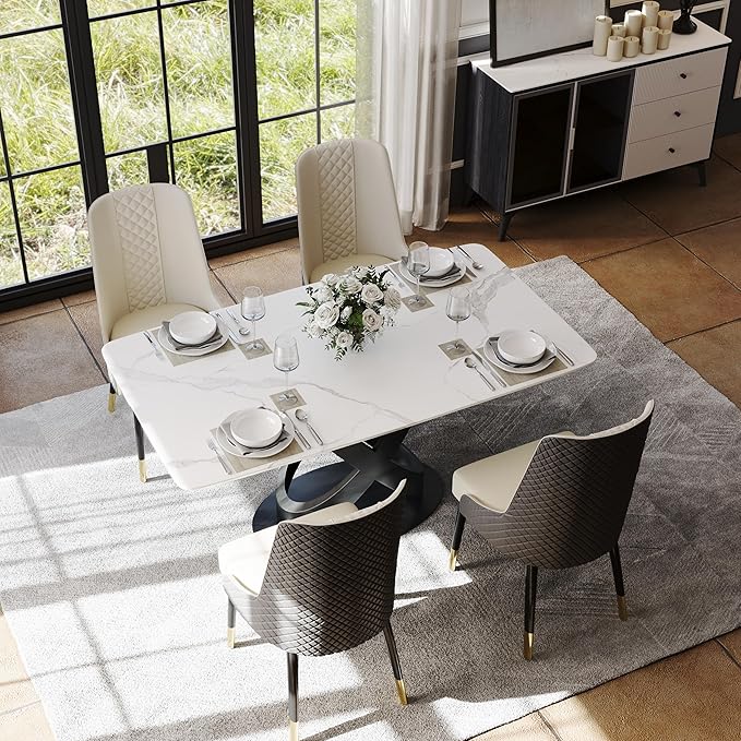 POVISON 63" Modern Dining Table for 4-6 People, Matte White Dining Room Table, Sintered Stone Dinner Tabletop with X-Shape Carbon Steel Pedestal, Rectangle Table for Kitchen Living Room(Table Only)