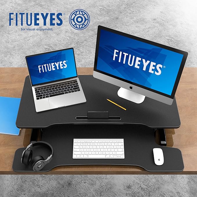 FITUEYES Height Adjustable Standing Desk 36” Wide Sit to Stand Converter Stand Up Desk Tabletop Workstation for Dual Monitor Riser FSD309101WB