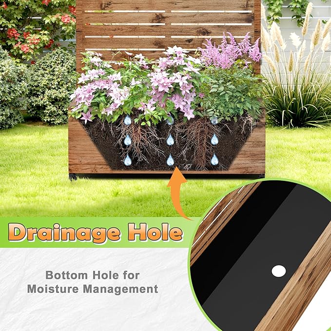 Metal Raised Garden Bed with Trellis, 2-in-1 Planter Box & Privacy Screen for Climbing Plants, Outdoor Standing Flower Bed with Drainage Holes, 35.4" L x 15.7" W x 70.1" H, Natural Wood Grain