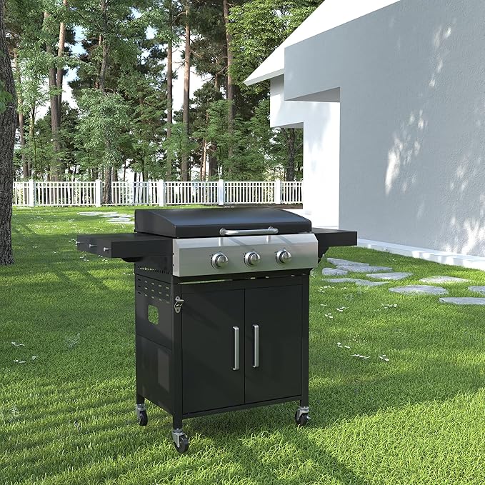 DIFY 3-Burner Propane Gas Griddle Grill, 28 in Flat Top Griddle Grill with Porcelain-Enameled Grates and Stainless Steel Frying Pan, 36000 BTU Output Barbecue Grills for Outdoor Barbecue