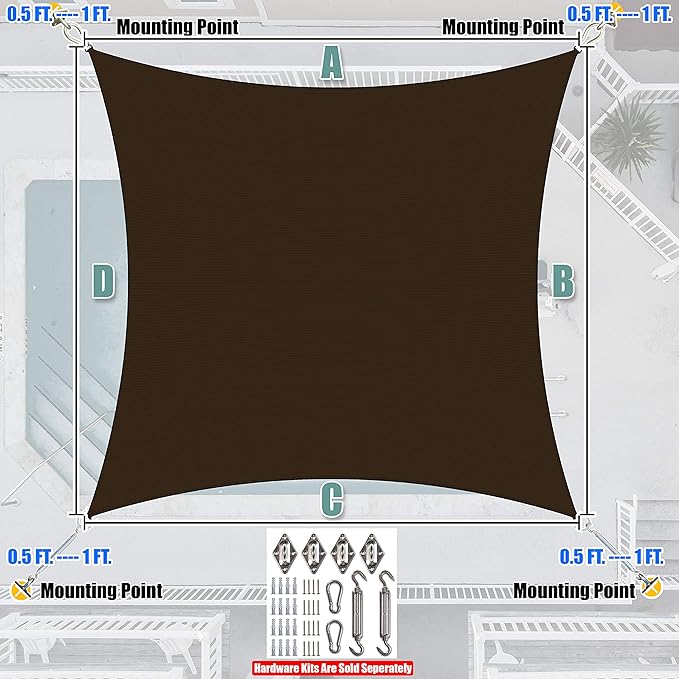 Amgo Custom Size 18' x 19' Brown Rectangle Square Sun Shade Sail UPF50+ AGTAPR1620, Order to Make Canopy Awning, 95% UV Blockage, Water & Air Permeable, Commercial and Residential (We Customize)