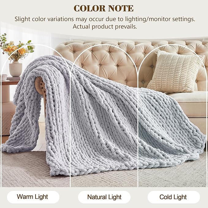 Carriediosa Chunky Knit Throw Blanket 60" X 80" Twin, 100% Hand Made Large Chenille Loop Yarn Soft Fluffy Throws for Couch Sofa Bed, Big Crochet Cozy Heavy Thick Cable Woven Blanket, Grey