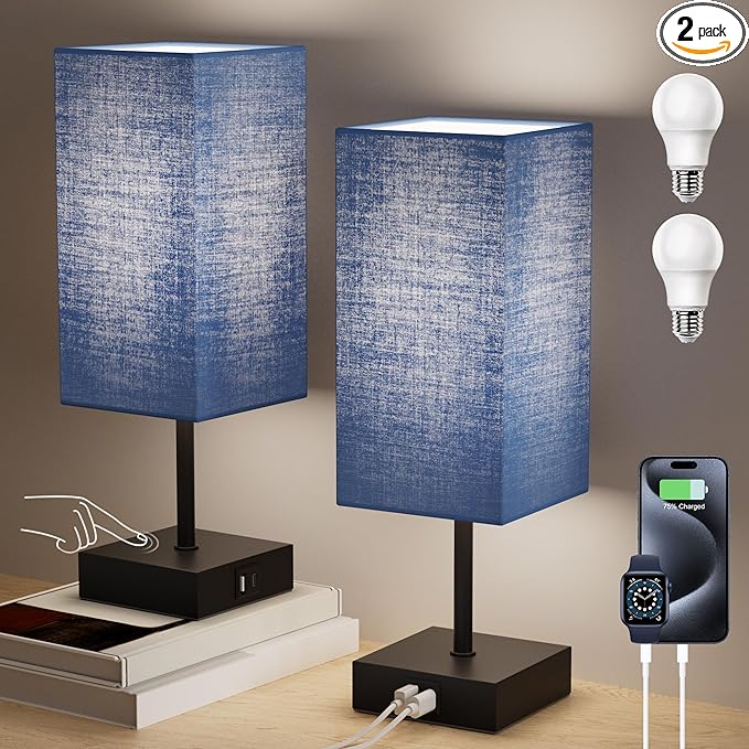 Sailstar Bedside Table Lamp for Bedroom Set of 2, 3 Way Dimmable Touch Lamp with USB C+A Charging Ports, Small Nightand Lamps for Bedroom Decor, Living Room, LED Bulbs Included, Upgraded Navy Blue