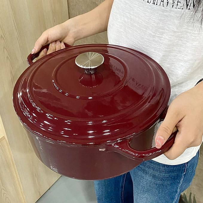 Commercial Grade, Cast Iron Enameled Cookware (Dark Red, Duch Oven 7qt)