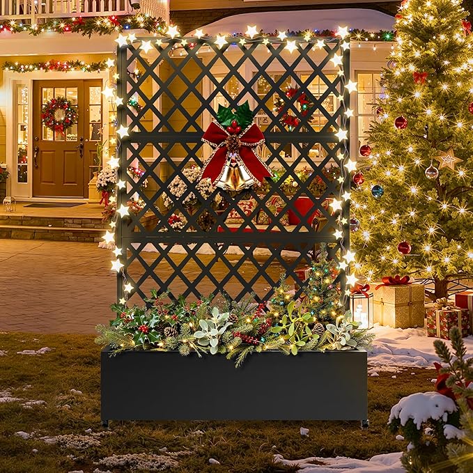 FENCY Metal Planter Box with Diamond Lattice Trellis Planter Box for Climbing Plants/Vines, Galvanized Raised Garden Bed On Wheels, Garden Bed with Trellis(73"x47" Black)