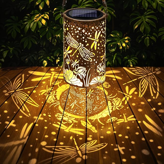 Toodour Solar Lantern Outdoor, Dragonfly Gifts for Women Mom Grandma Hanging Solar Outdoor Lights Waterproof, Hollow Out Retro Metal Dragonfly Lights for Patio, Balcony, Walkway, Yard Decorations
