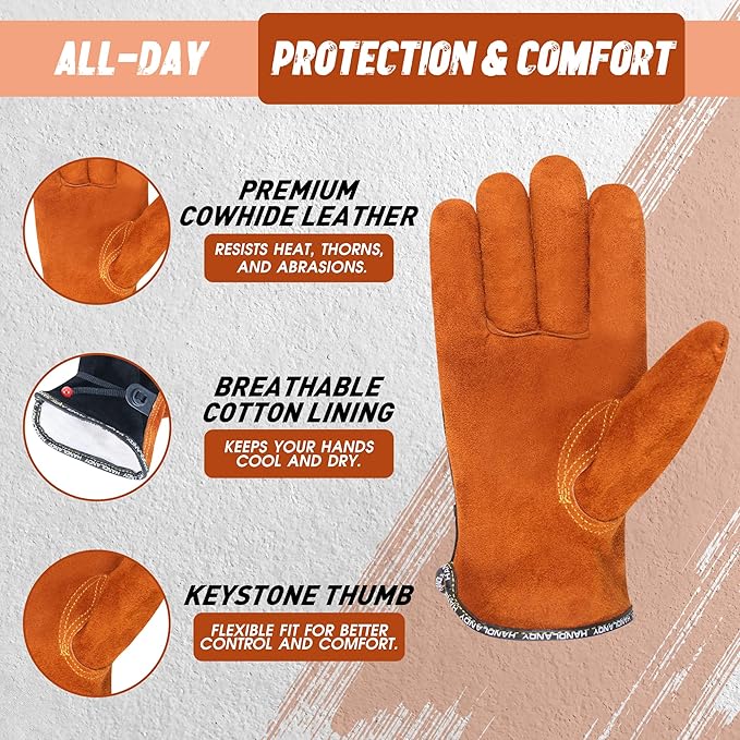 HLDD HANDLANDY Leather Work Gloves for Men & Women, Adjustable Wrist Cowhide Gardening Glove with Reinforced Palm for Driver