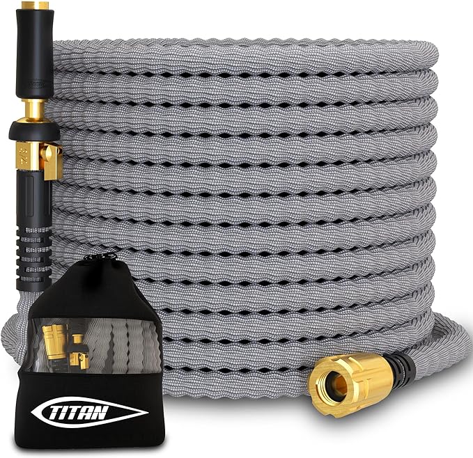 TITAN Flexible Garden Hose 25FT – Ultra Lightweight, Heavy Duty Water Hose with Brass Fittings & Jet Nozzle – Kink-Free, Non-Expanding, Durable Fabric Hose for Yard, Lawn, Car Wash, Outdoor Use